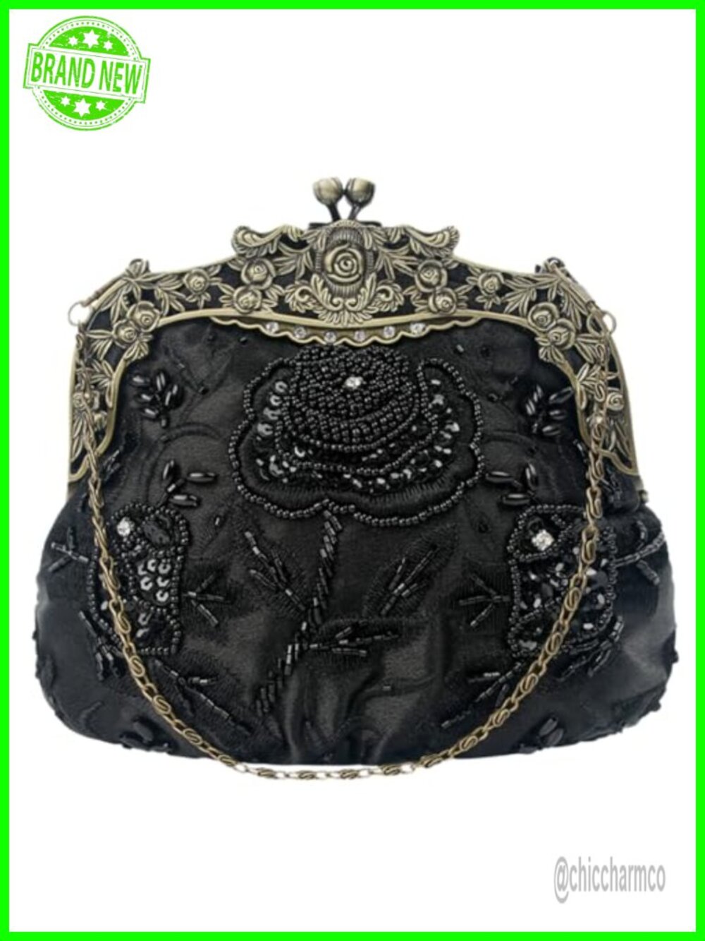 Vintage Beaded Sequin Satin Evening Clutch Kiss Lock Wedding Party Purse